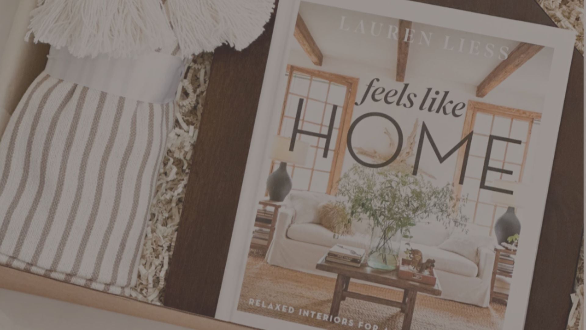 Housewarming gift basket with a coffee table book and throw