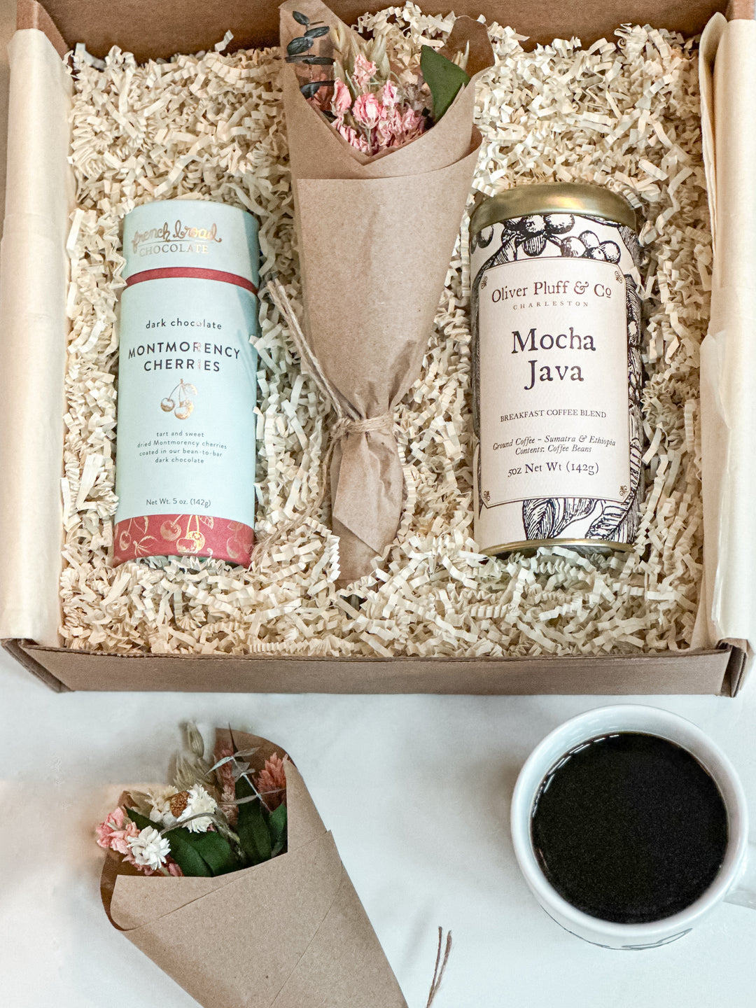 Gourmet Coffee & Floral Gift Box – Mocha Java Blend, Pink Larkspur Bouquet & Chocolate Cherries