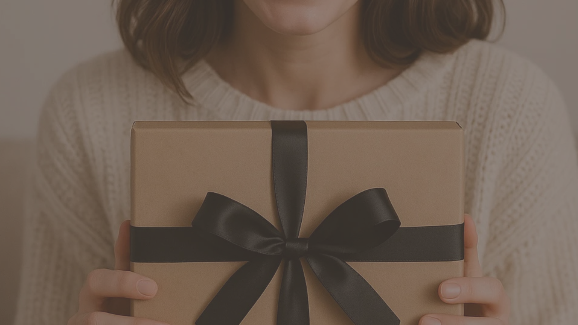 Women holding a branded gift box with a black bow