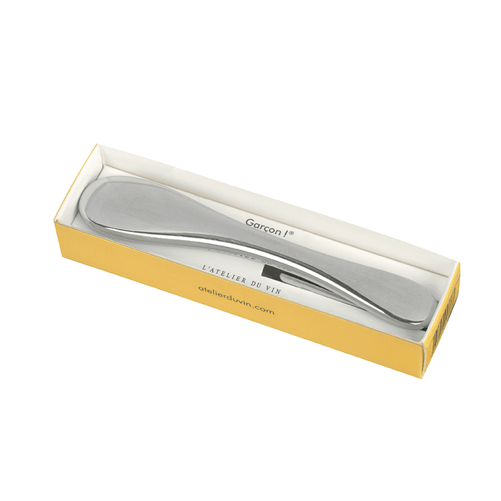 Stainless steel wine opener in a yellow and white box with &