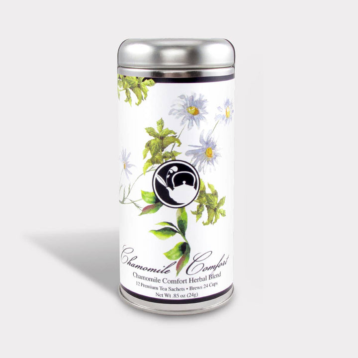 Tea canister with floral design and brand logo on a white background