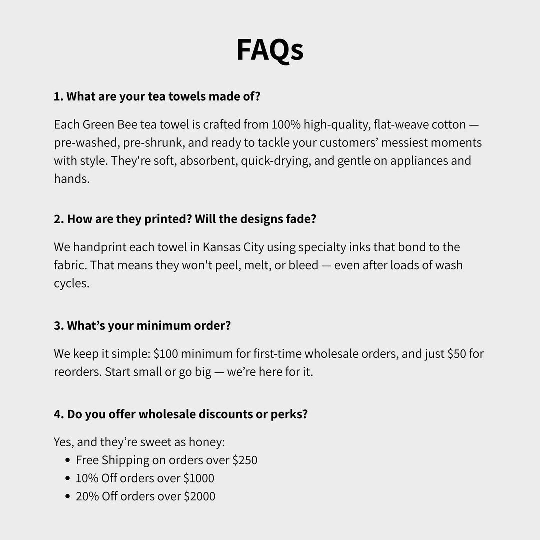 FAQs section about Green Bee Tea towels on a white background