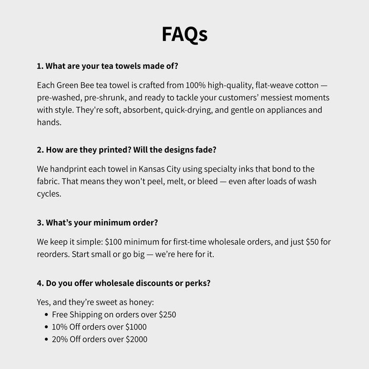 FAQs section about Green Bee Tea towels on a white background