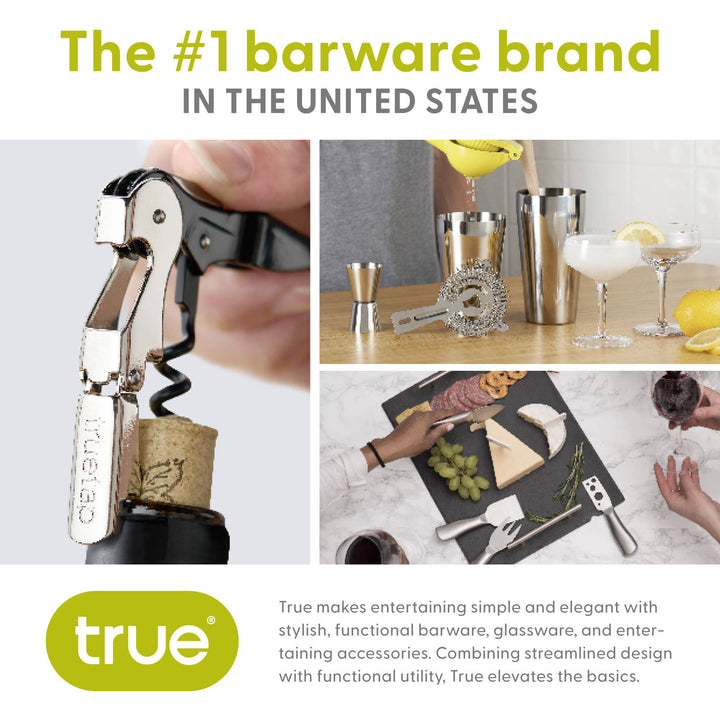 Advertisement for True barware brand with corkscrew, cocktail shaker, and cutting board.
