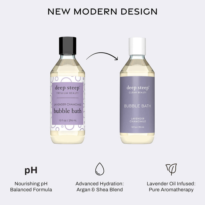 Two bottles of Deep Steep bubble bath with a focus on new design and product features.