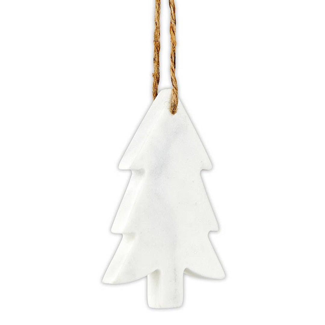 White marble Christmas tree ornament hanging on a string against a white background
