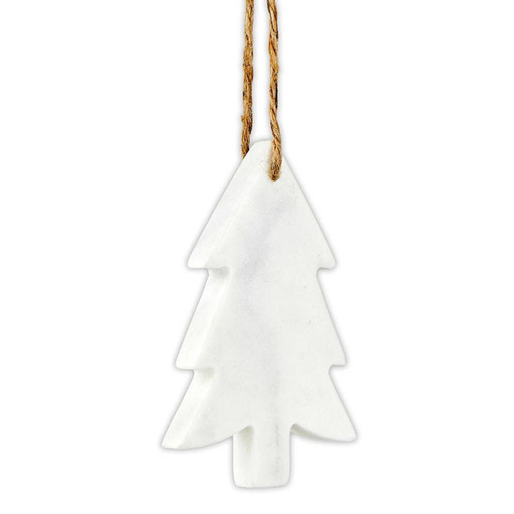 White marble Christmas tree ornament hanging on a string against a white background