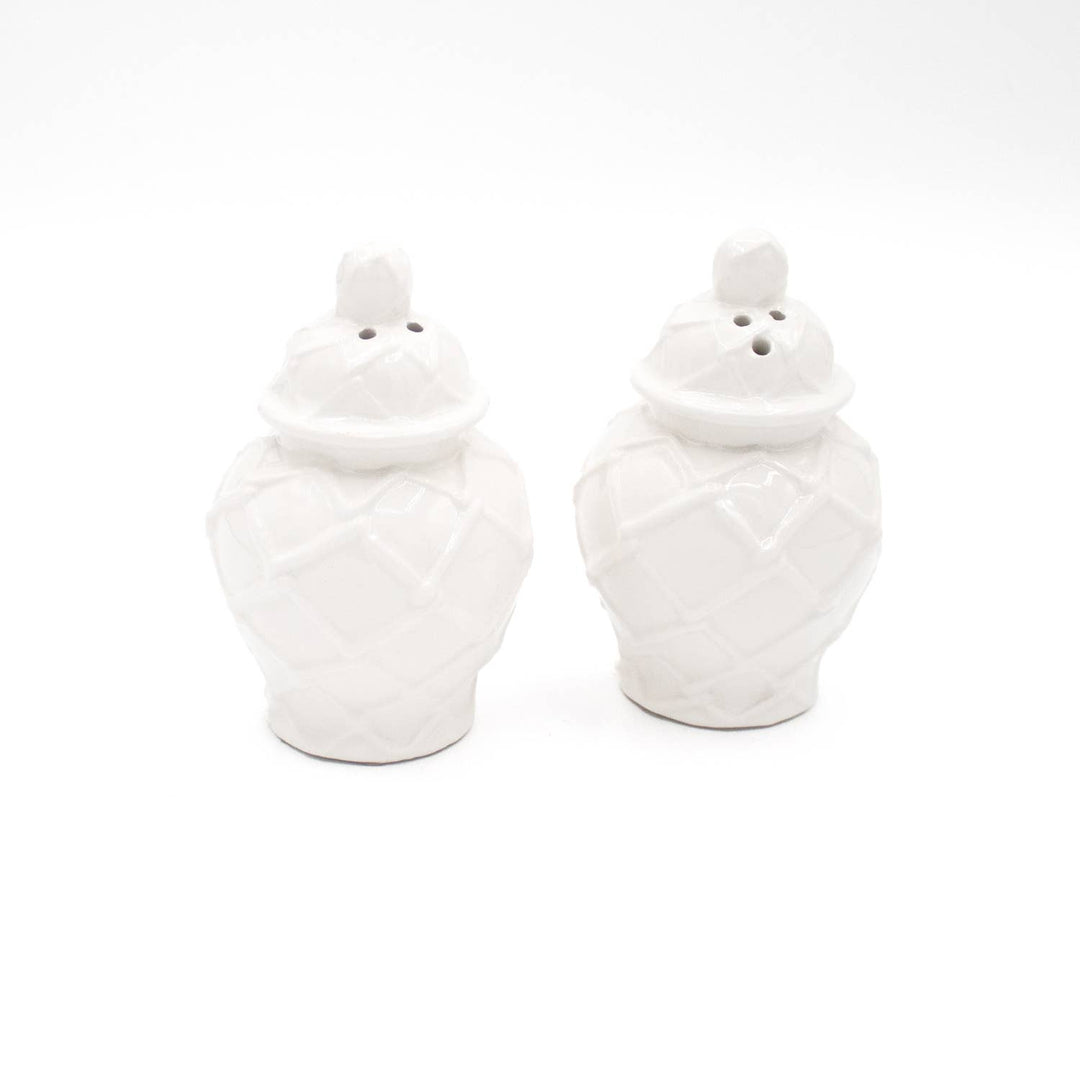 Two white ceramic textured salt and pepper shakers on a white background