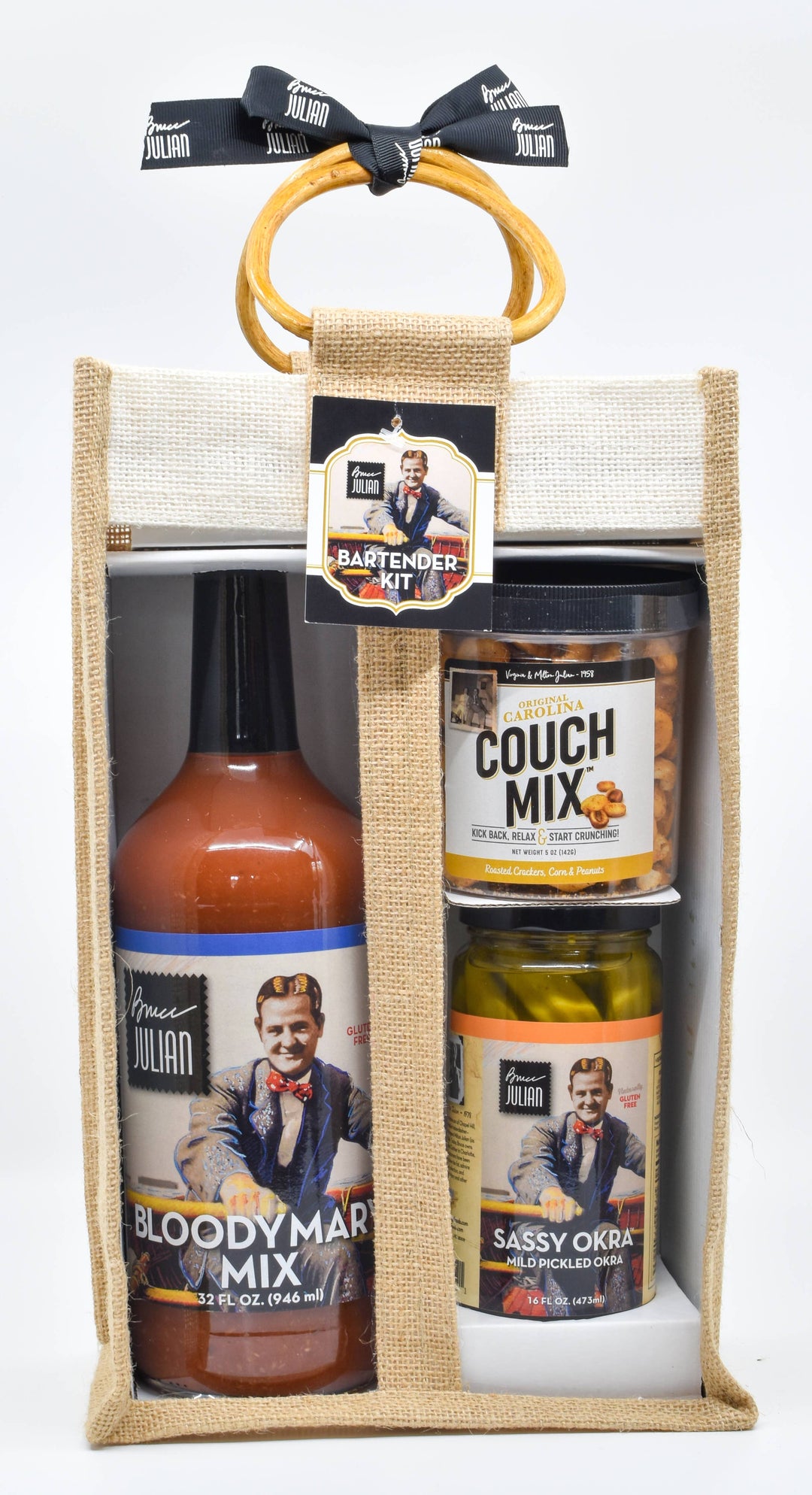 Gift set with Bloody Mary mix, couch mix, and sassy okra in a decorative box.