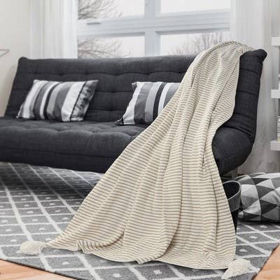 Striped Ivory and Beige Tasseled Throw Blanket: Ivory/Beige