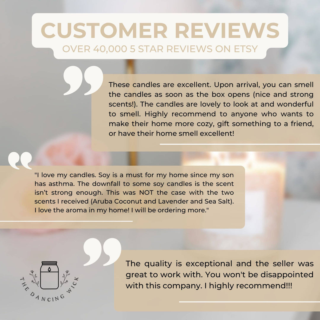 Customer reviews for candles on Etsy with a blurred candle background