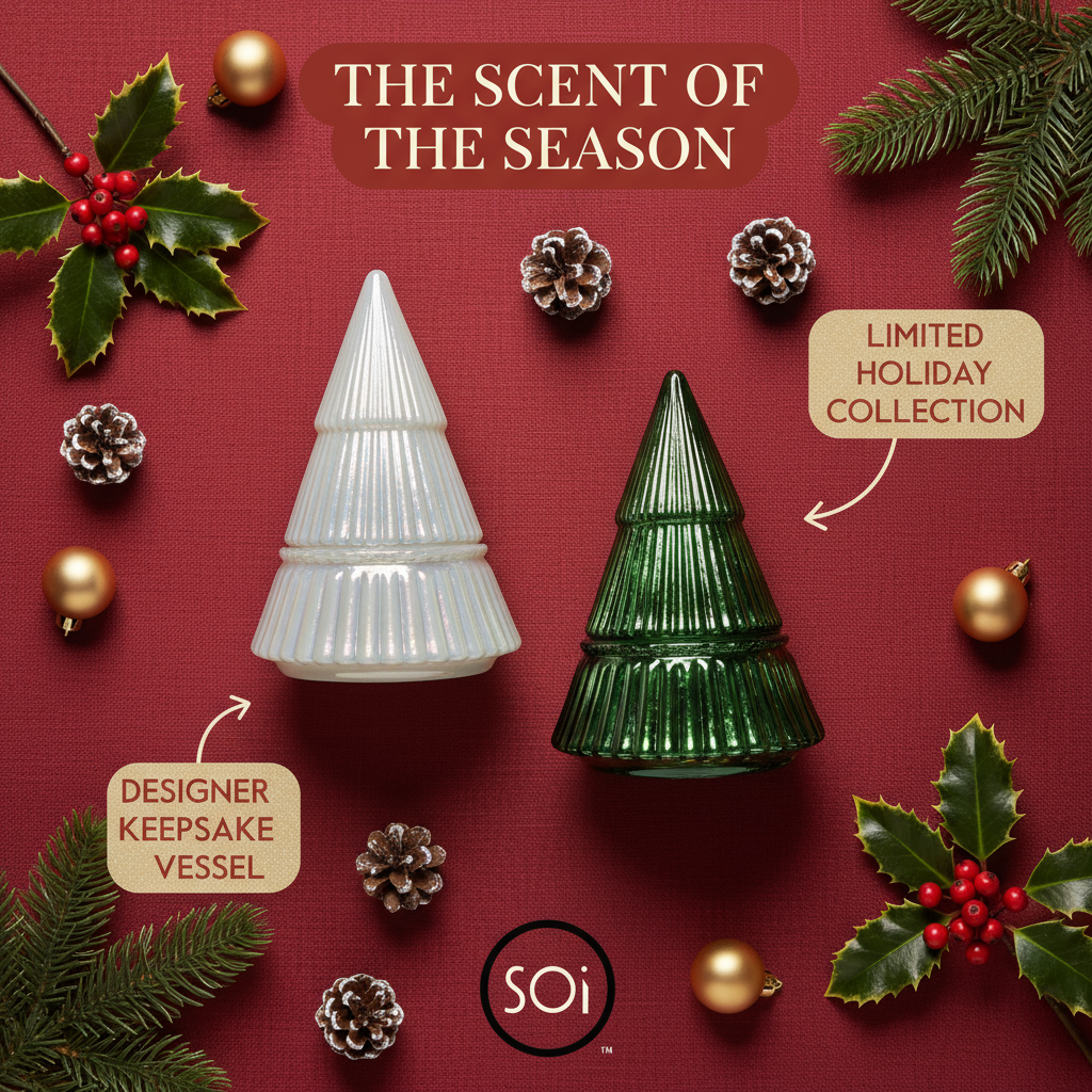 Two Christmas tree-shaped candles on a red background with festive elements and &