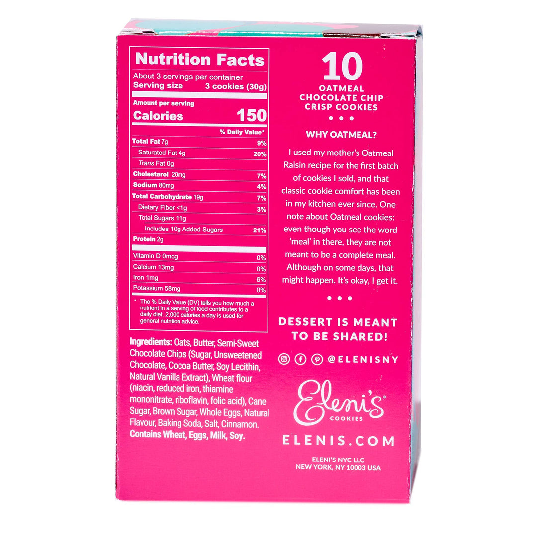Pink box of Elenis cookies with nutrition facts and ingredients listed
