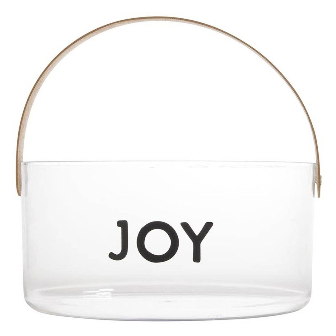 Clear acrylic container with 'JOY' text and a gold handle on a white background