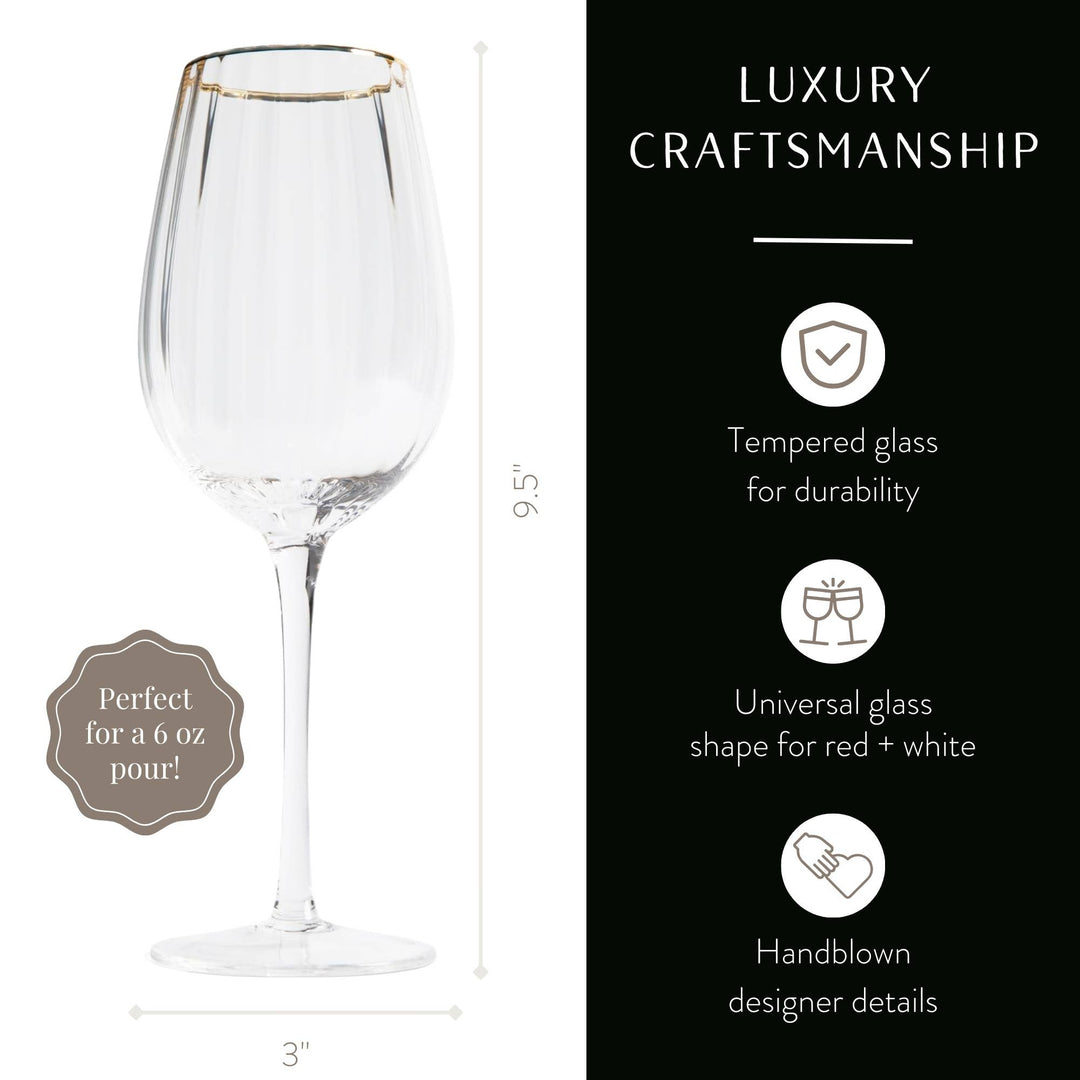 Fluted Wine Glass Set with Gold Rim