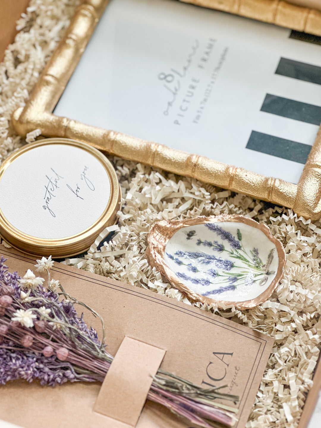 Discover our Elegant Gold Bamboo Frame &amp; Lavender Gift Box, featuring a hand-poured vanilla lavender soy candle, coastal oyster trinket dish, and California wildflower bouquet. Perfect for weddings, anniversaries, and thoughtful gifting. Shop now at comfy-cozy.com!"

