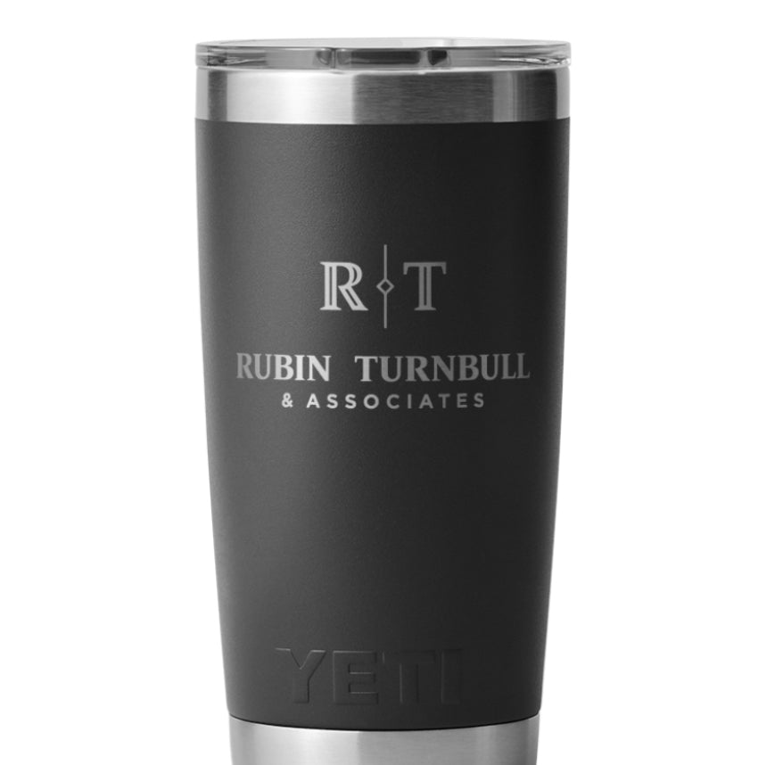 Black YETI tumbler with 'Rubin Turnbull & Associates' branding on a white background