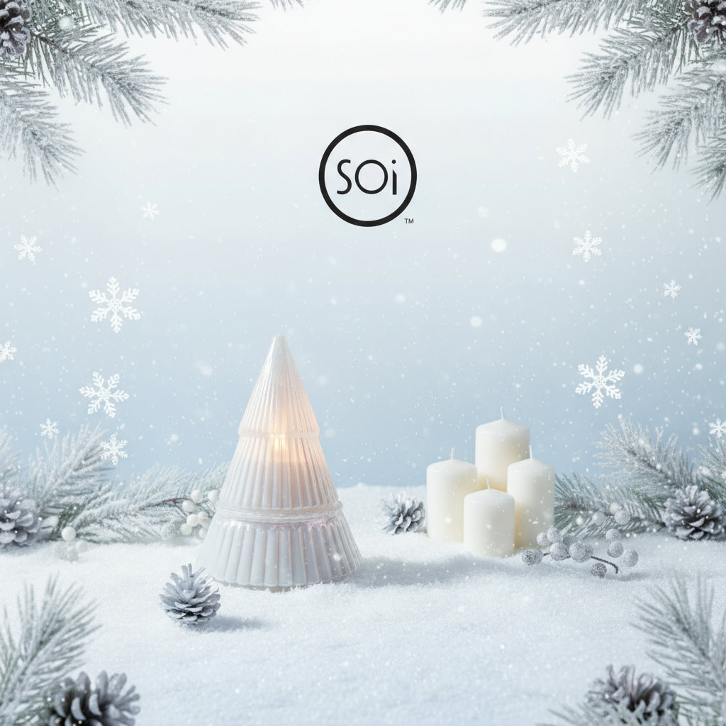 Decorative scene with a white Christmas tree candle on a snowy background, featuring the SOi logo.