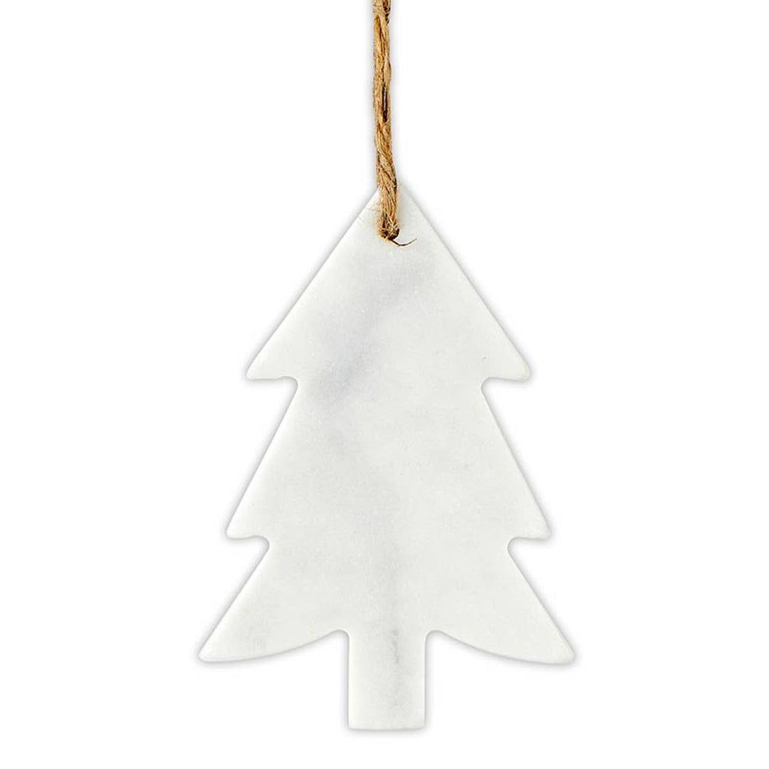 White Christmas tree-shaped marble ornament hanging on a rope against a white background