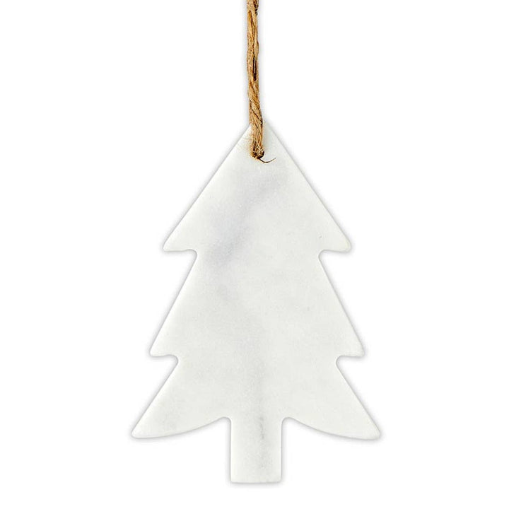 White Christmas tree-shaped marble ornament hanging on a rope against a white background