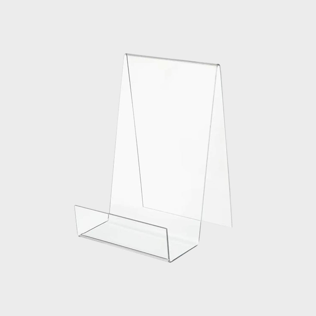 Clear acrylic stand on a white background