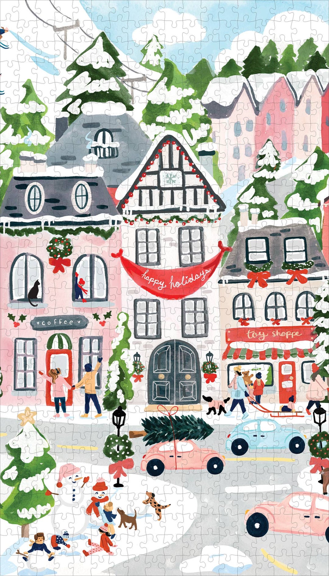 Illustration of a snowy village scene with houses, people, and festive decorations.