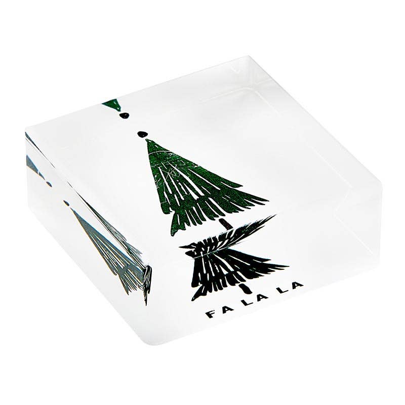 Clear cube with green and black Christmas tree design and 'FA LA LA' text 