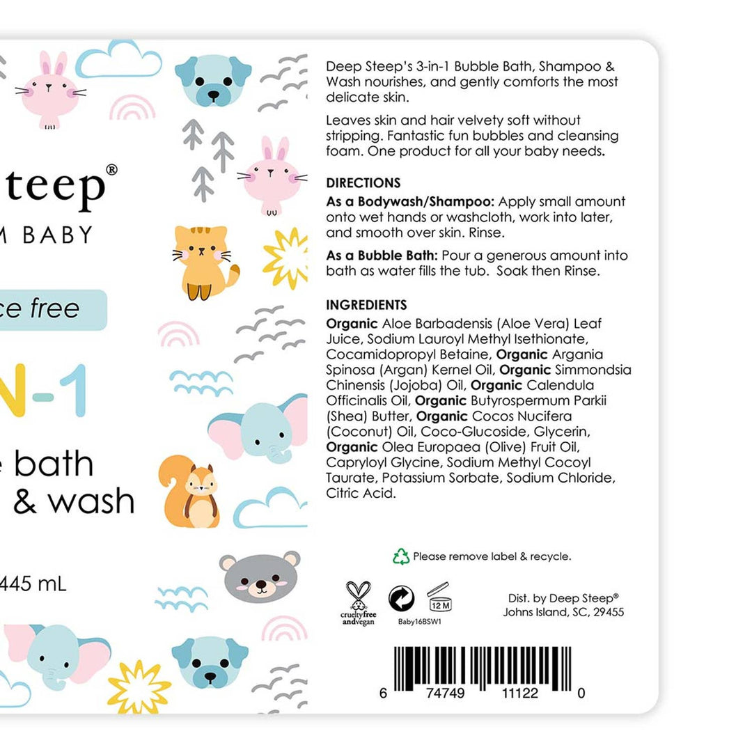 Back of a Deep Steep baby bath and wash packaging with cartoon animals and text.