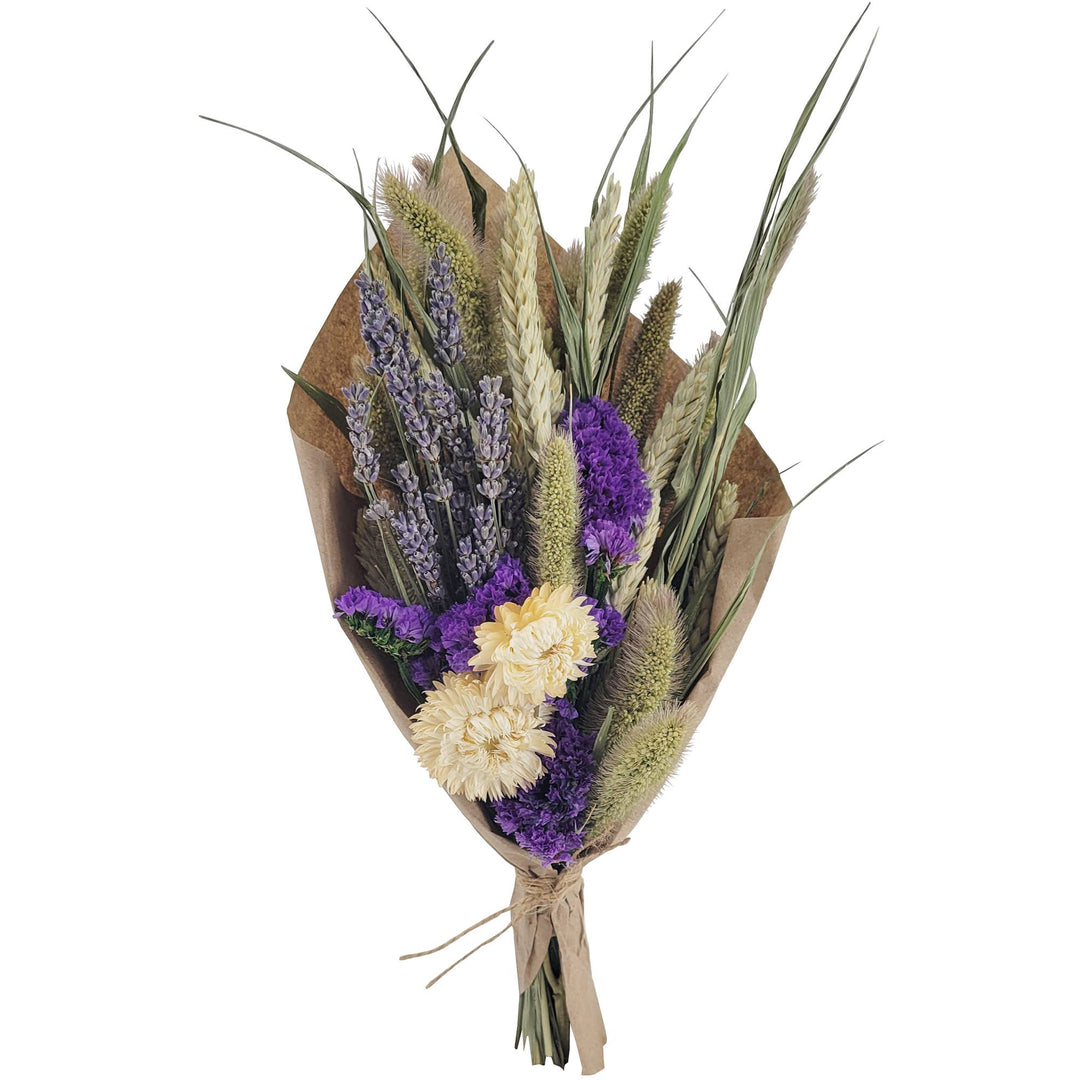 Bouquet of dried flowers with lavender and grasses on a white background.