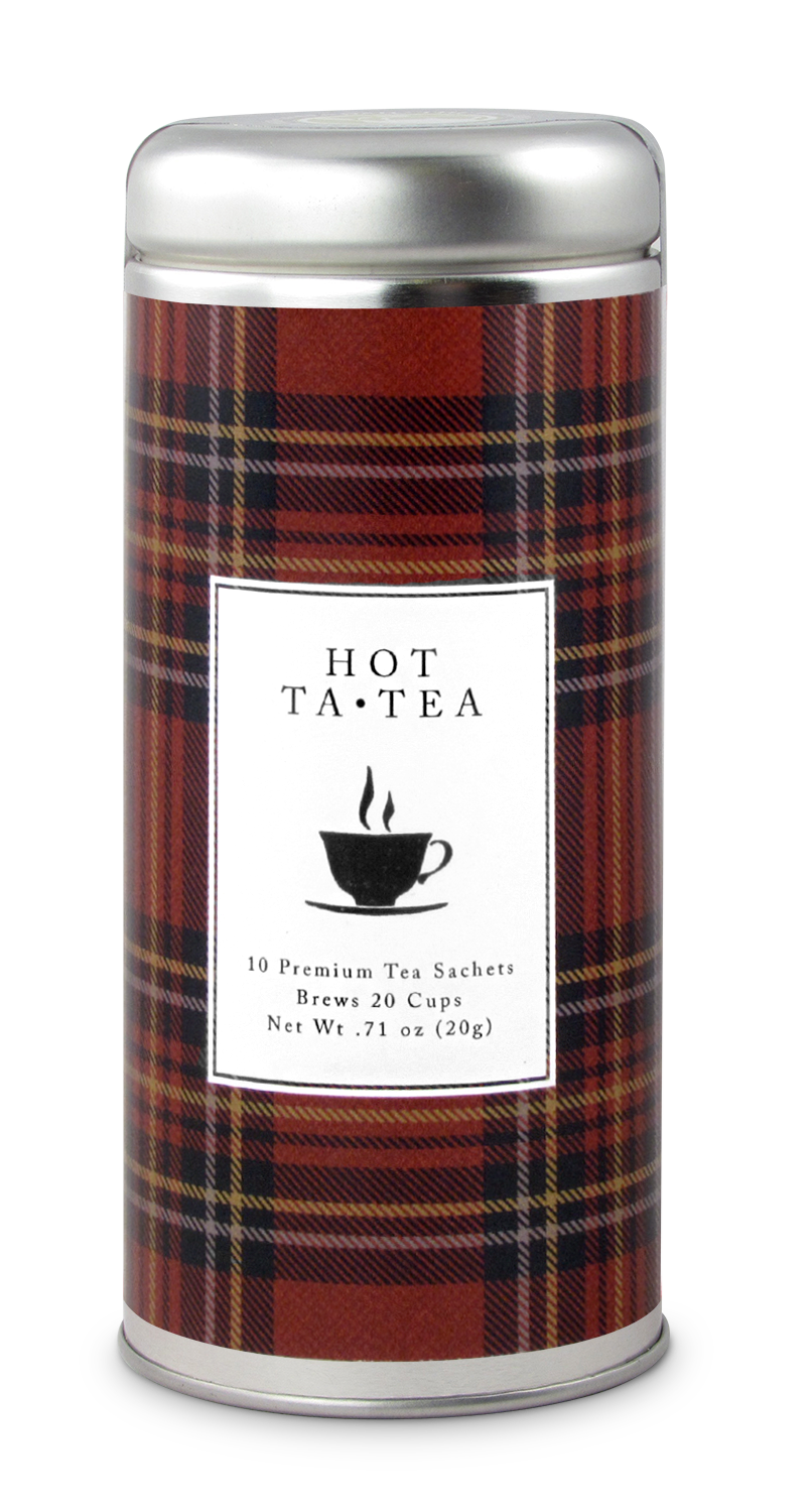 Hot tea canister with plaid pattern and label on a white background