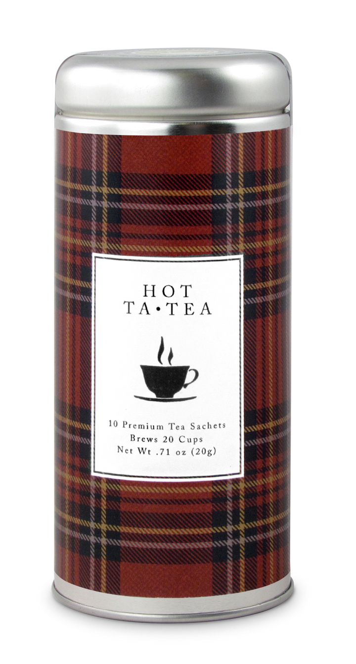 Hot tea canister with plaid pattern and label on a white background