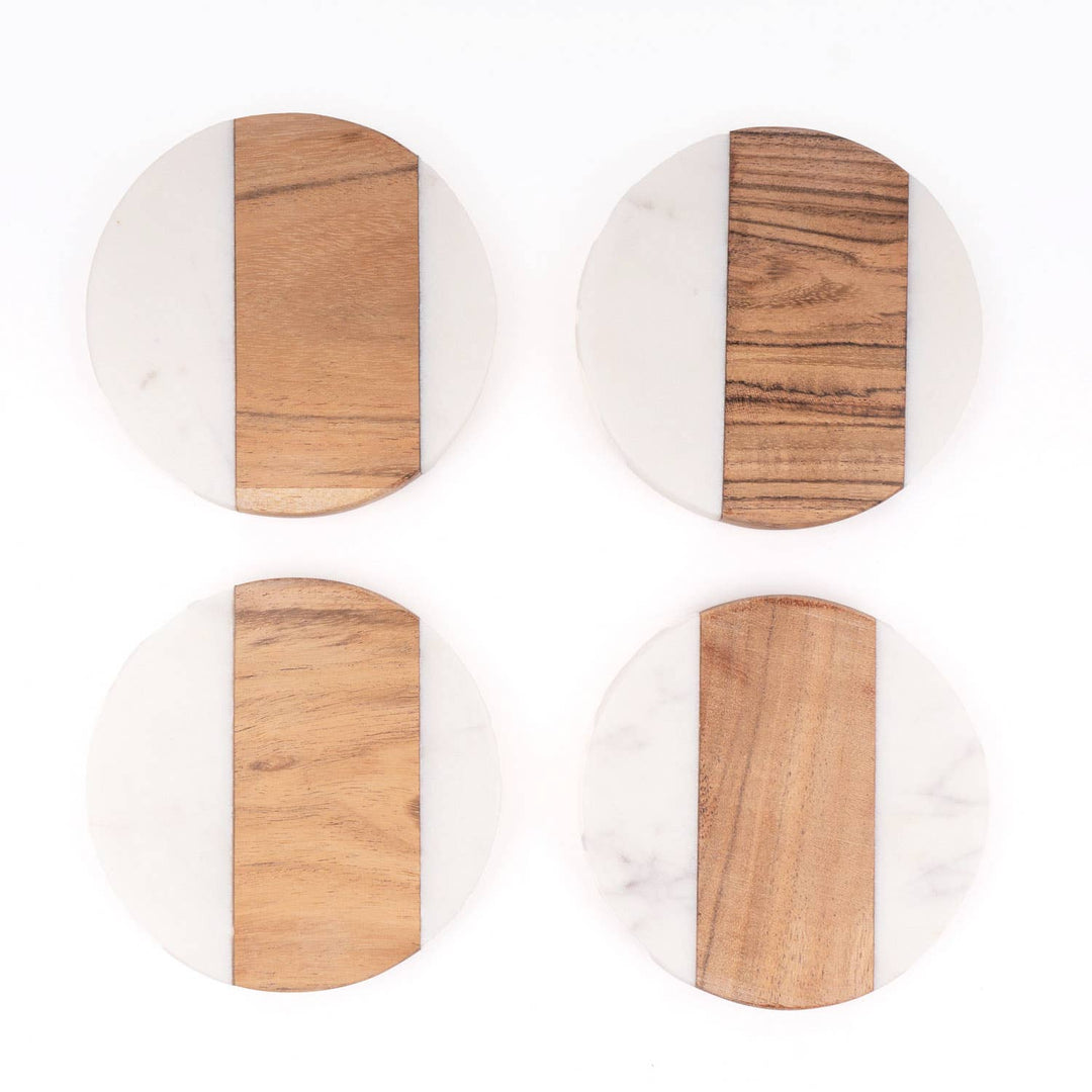 Marble &amp; Wood Round Coaster Set