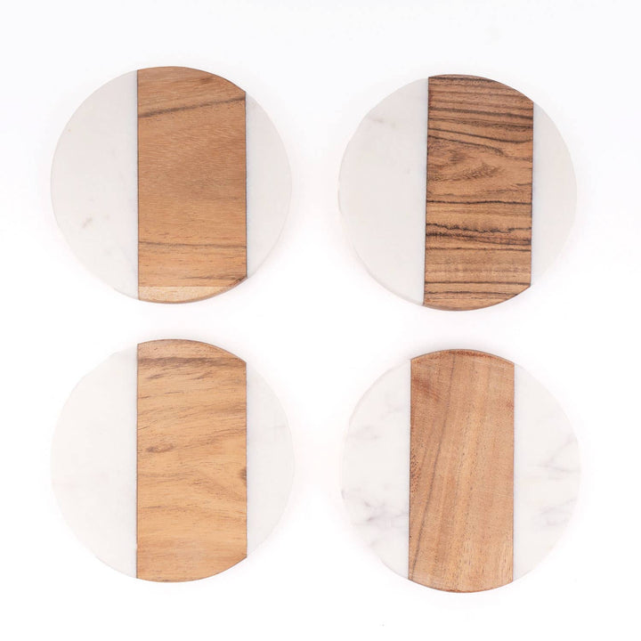 Marble &amp; Wood Round Coaster Set