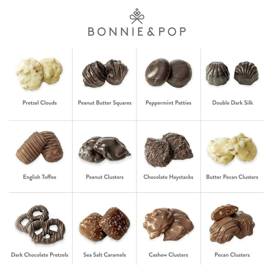 Assorted chocolate treats with labels and Bonnie &amp; Pop branding.