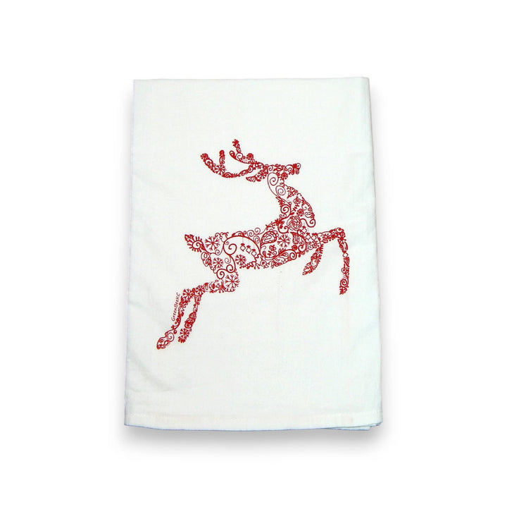 Reindeer Holiday Christmas Flour Sack Tea Towel: Red