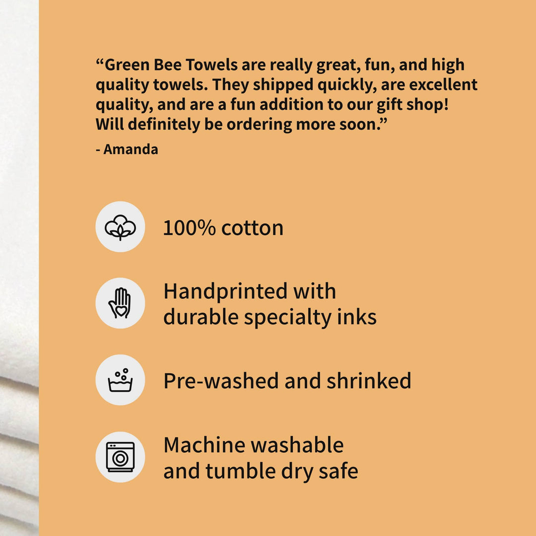 Product description card for Green Bee Towels with text and icons on an orange background