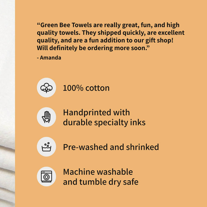 Product description card for Green Bee Towels with text and icons on an orange background