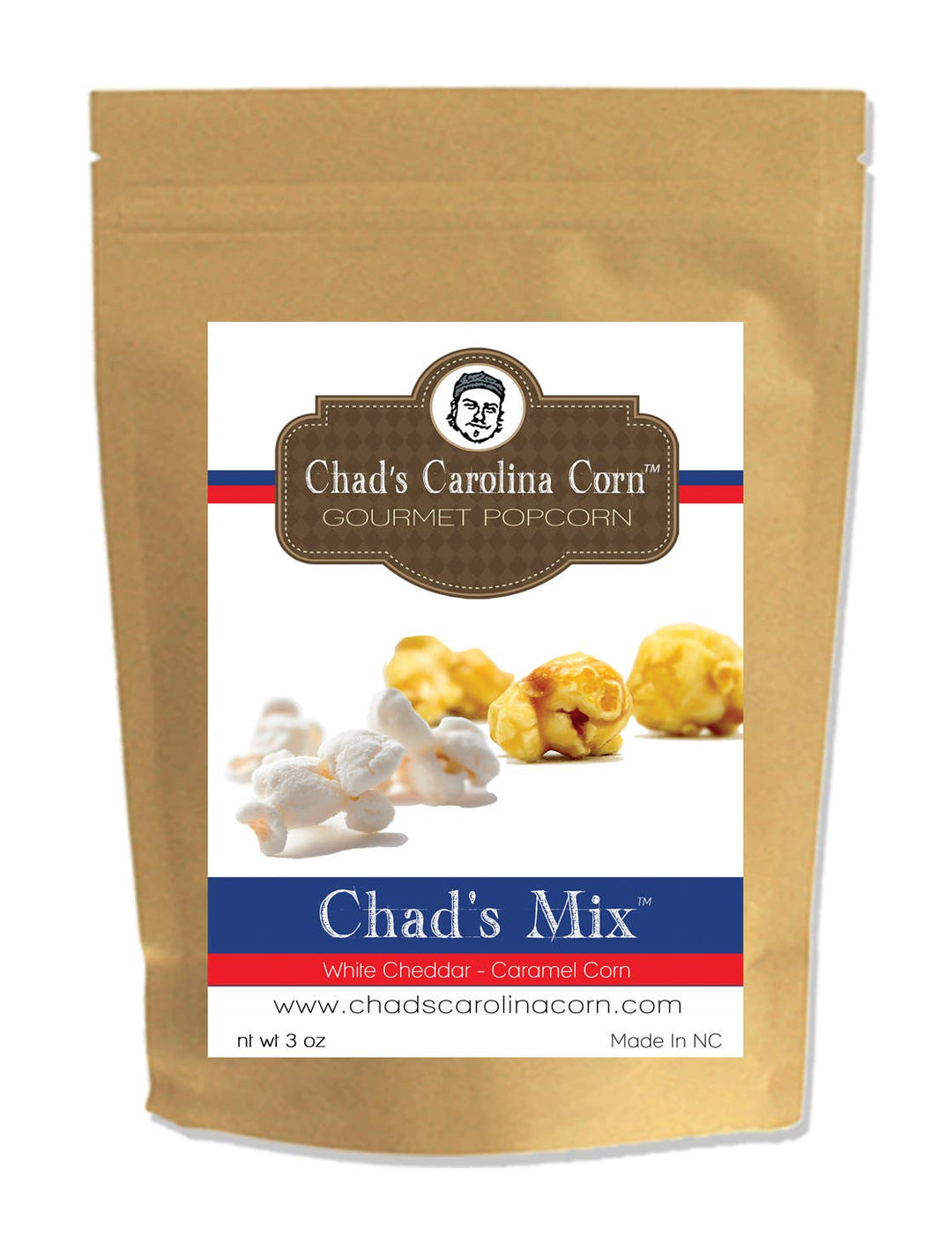 Chad's Carolina Corn Gourmet Popcorn bag with a white label featuring popcorn images.