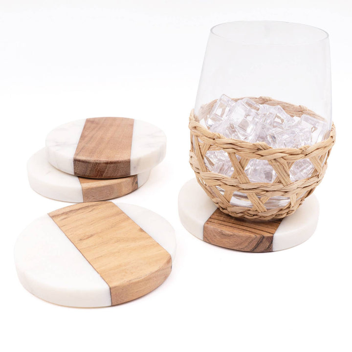 Marble &amp; Wood Round Coaster Set