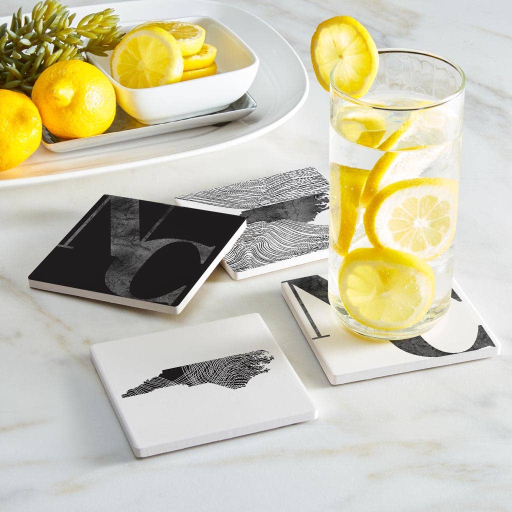 Minimalistic B&amp;W North Carolina Initials State Shapes | Absorbent Coasters | Set of 4 | Min 2
