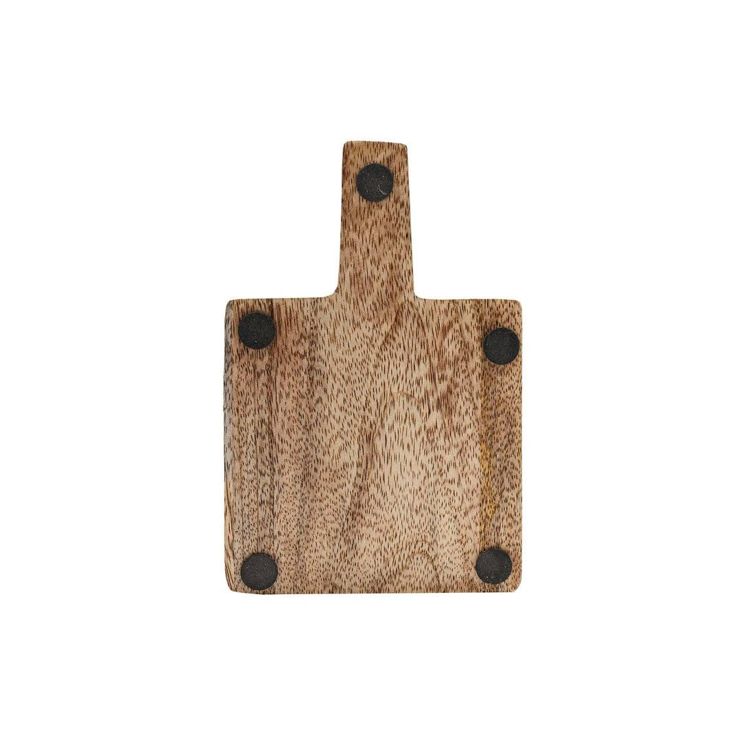 Small wooden cutting board with a handle on a white background