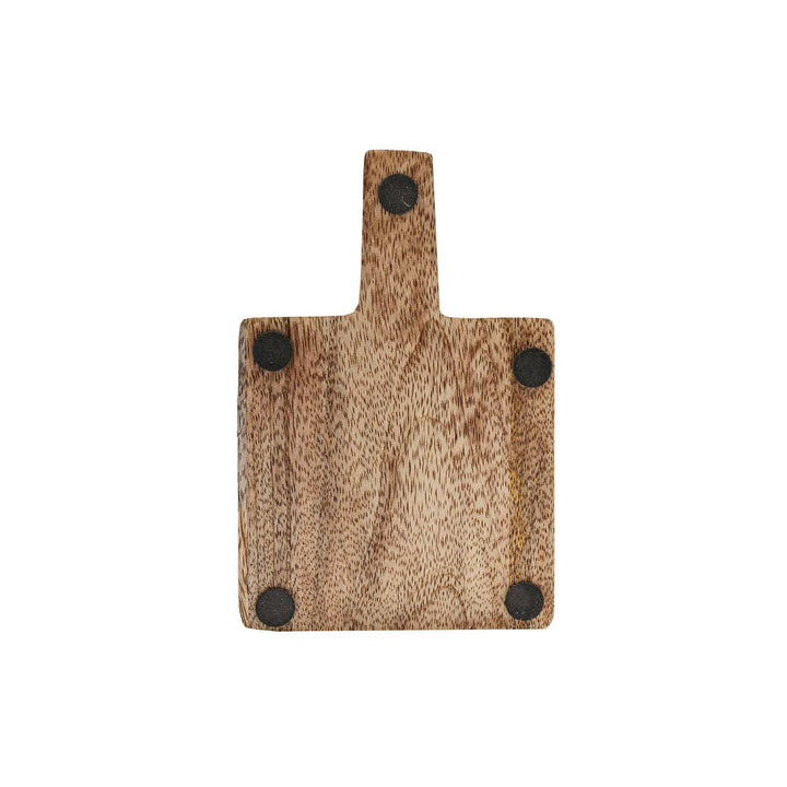 Small wooden cutting board with a handle on a white background