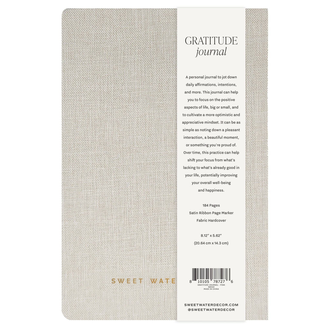 Gratitude journal with fabric cover and Sweet Water Decor branding on a white background