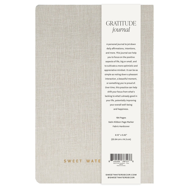 Gratitude journal with fabric cover and Sweet Water Decor branding on a white background