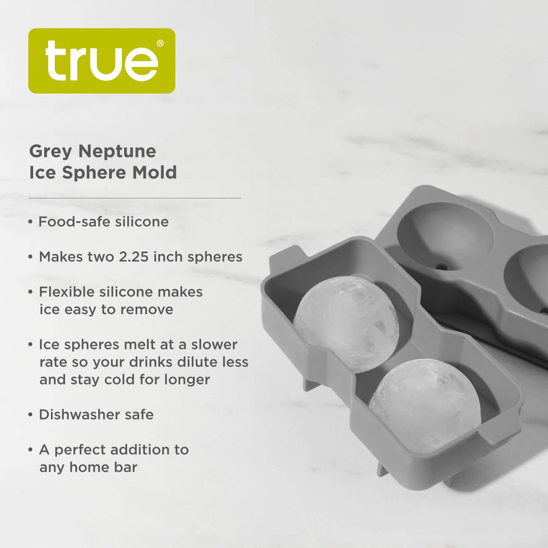 Gray Neptune ice sphere mold with product details on a white background