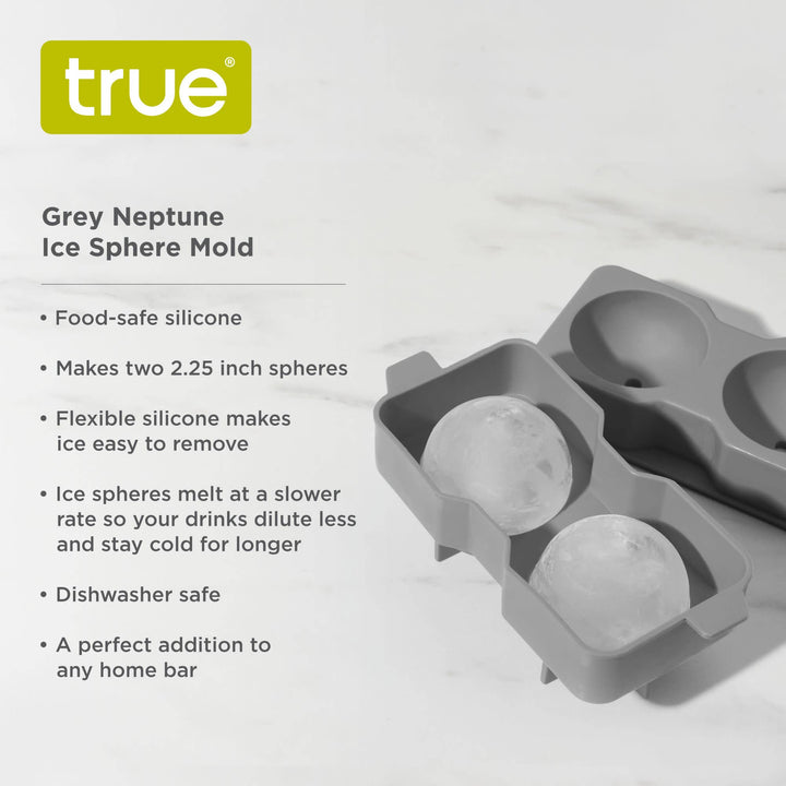 Gray Neptune ice sphere mold with product details on a white background