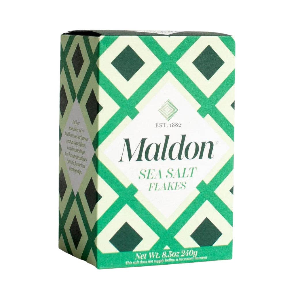 Maldon sea salt flakes packaging with green and white geometric pattern