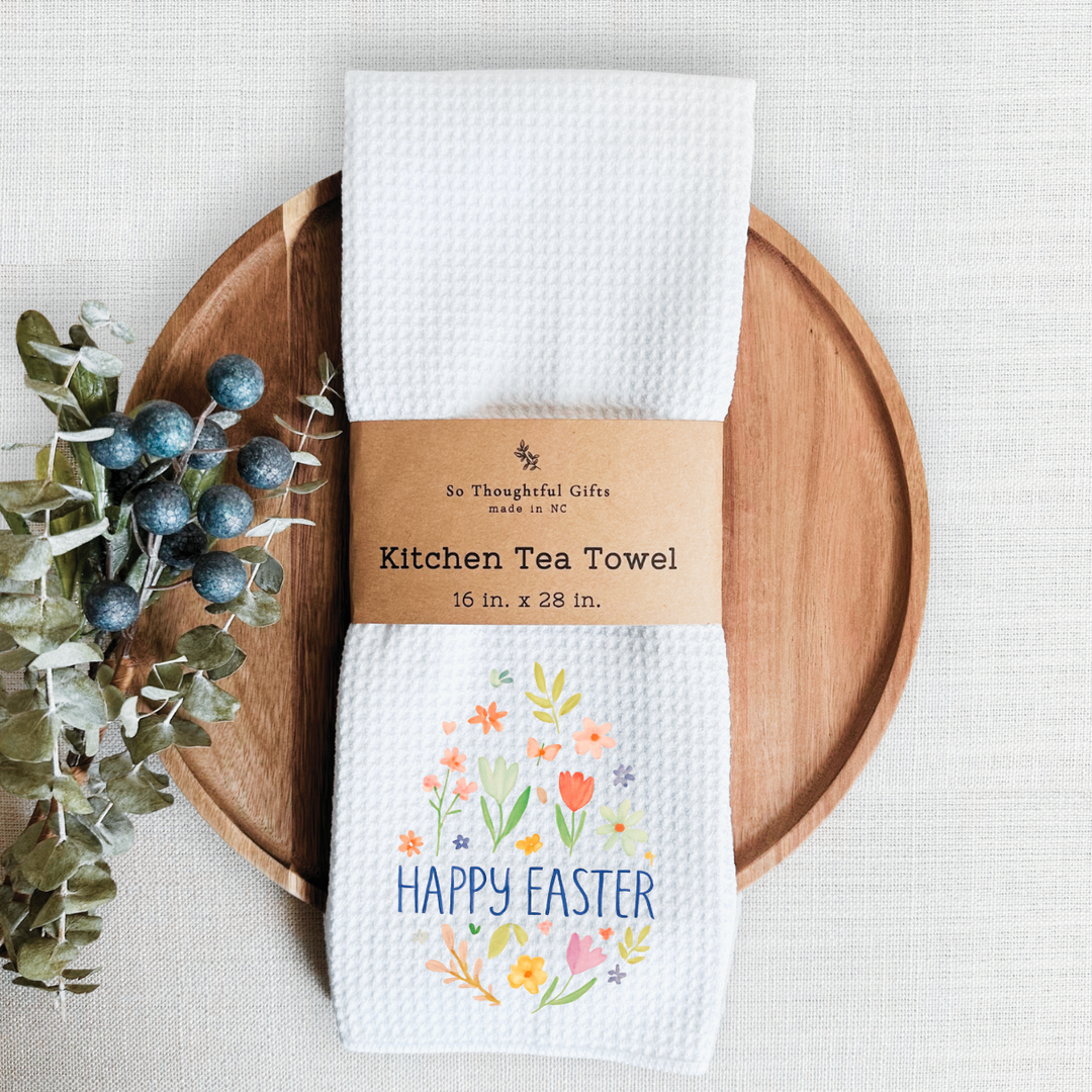 Easter Dish Towel - Happy Easter Floral Egg | Kitchen Towel 
