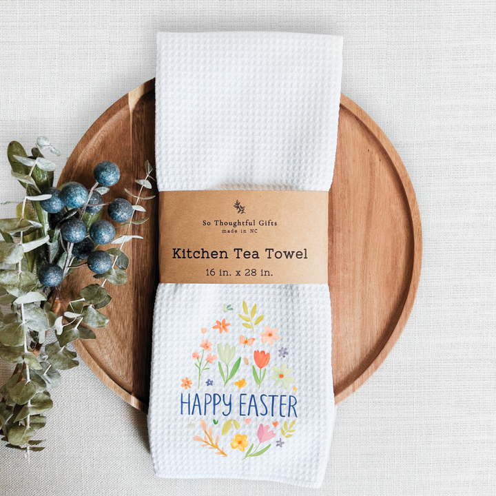 Easter Dish Towel - Happy Easter Floral Egg | Kitchen Towel 