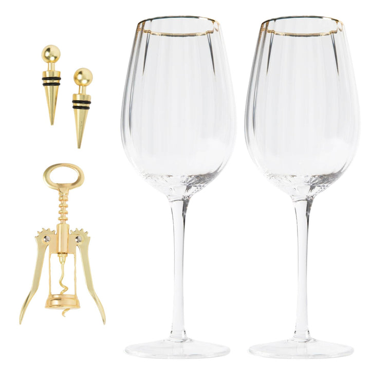 Fluted Wine Glass Set with Gold Rim